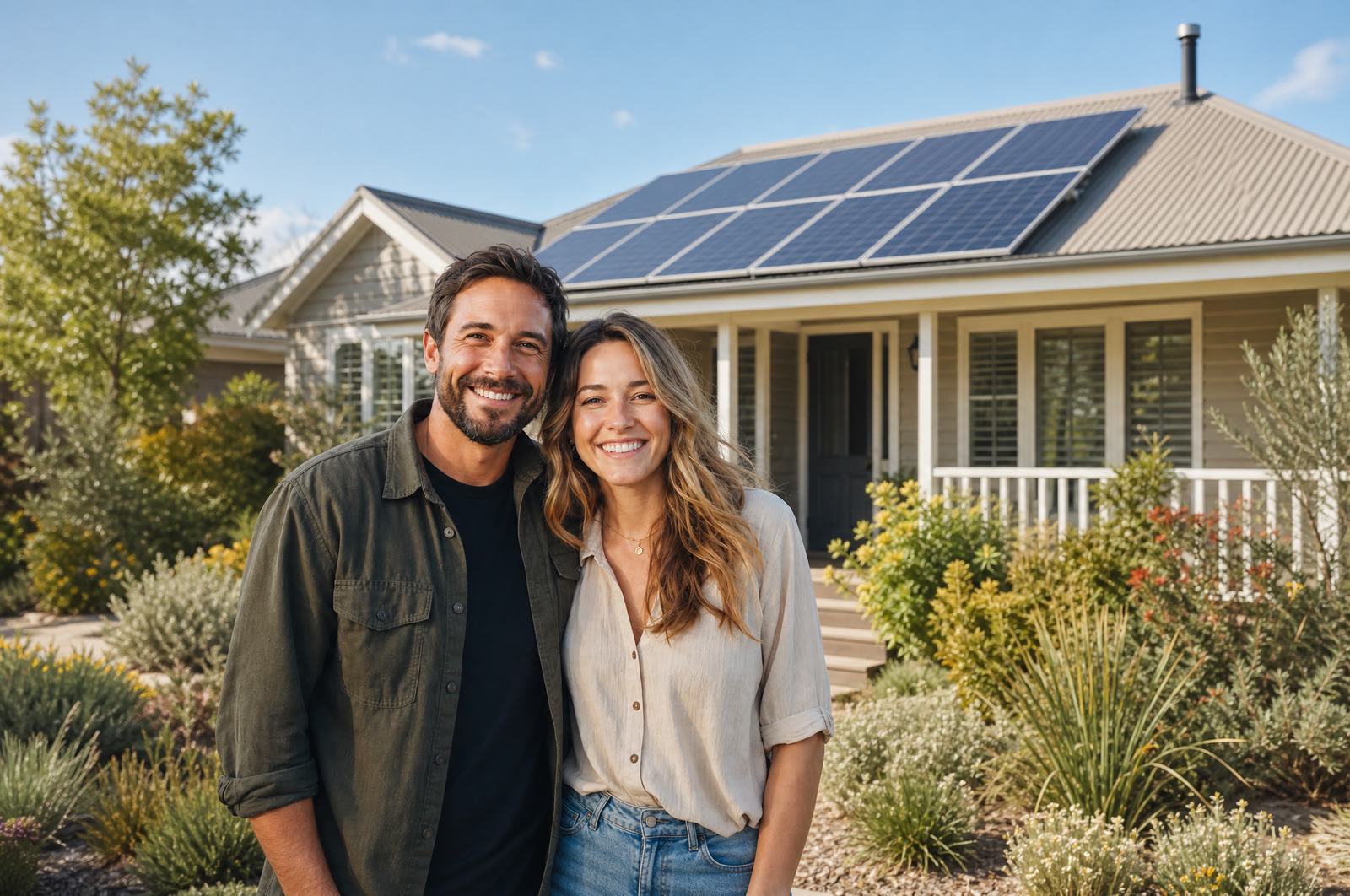 A family outside their home with rooftop solar panels