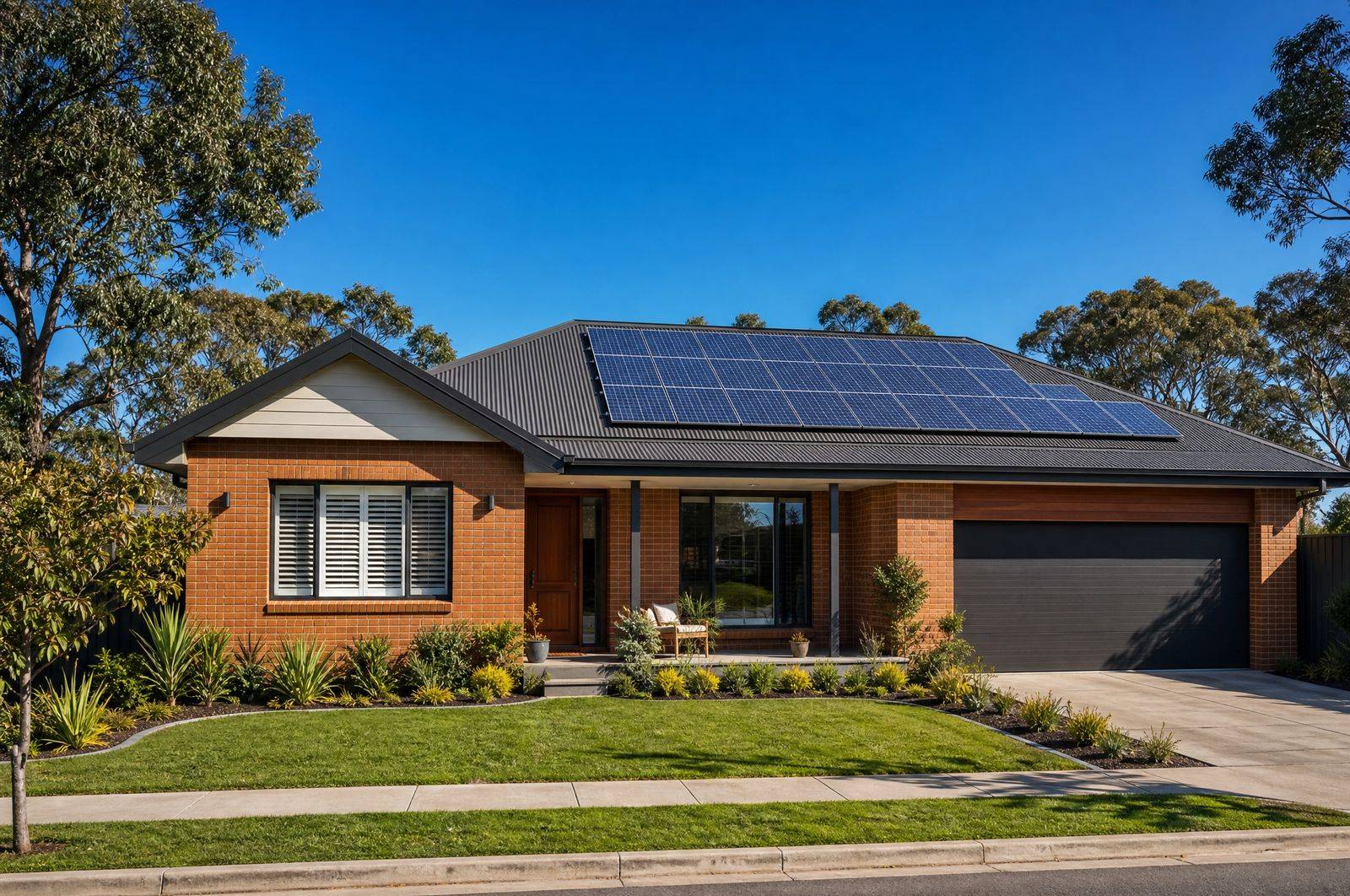 An Australian brick home with rooftop solar panels under a blue sky