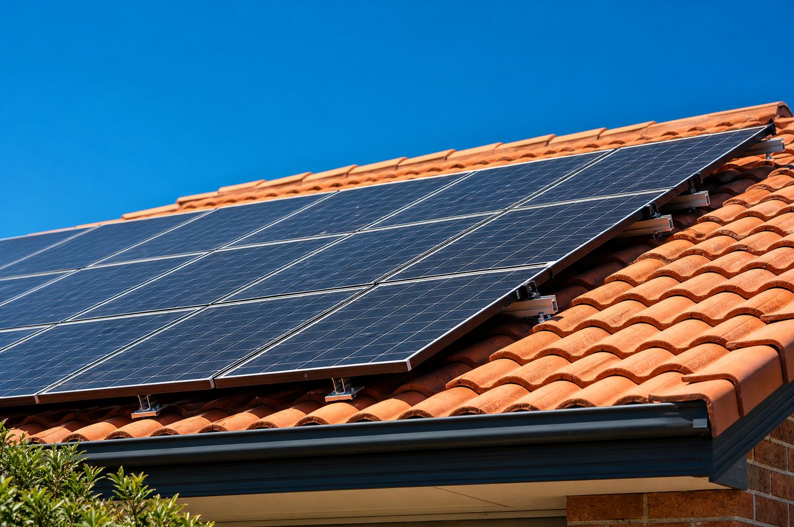 Solar panels on the terracotta tile roof of an Australian home