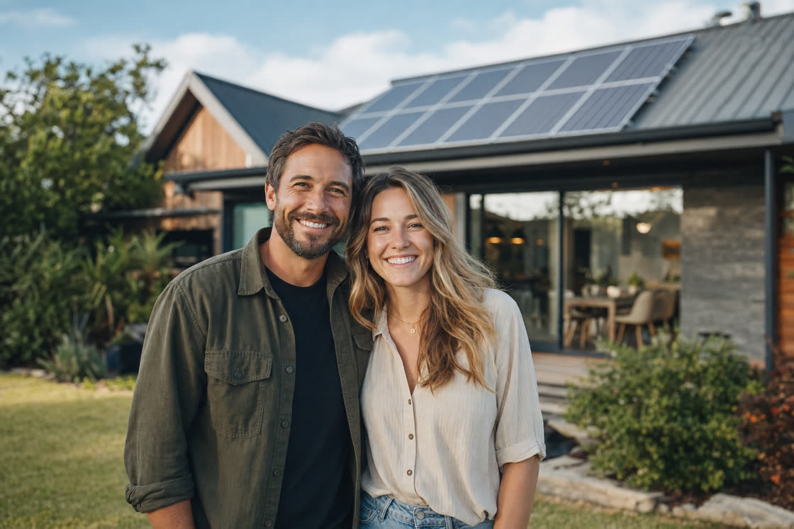 A happy Australian couple outside their home with rooftop solar