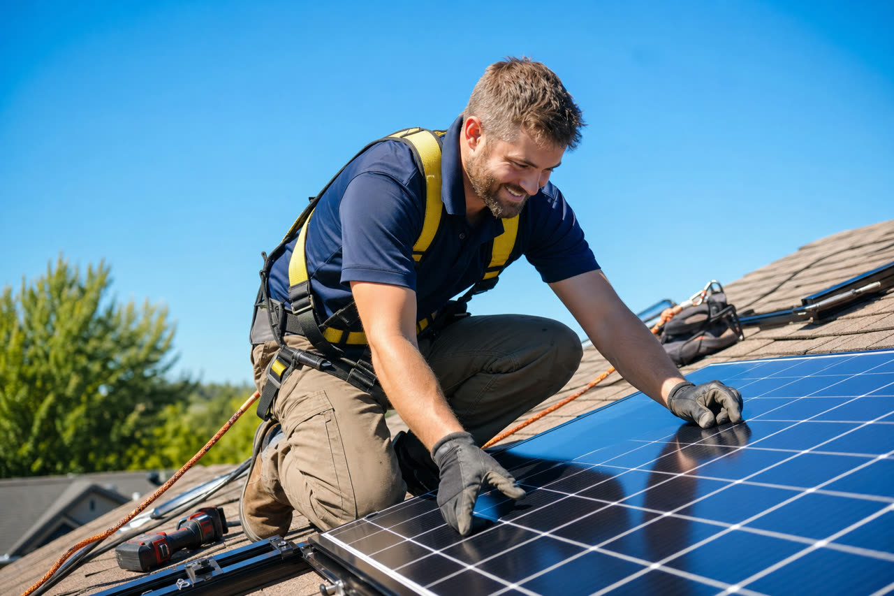 A local solar installer fitting panels on a home roof