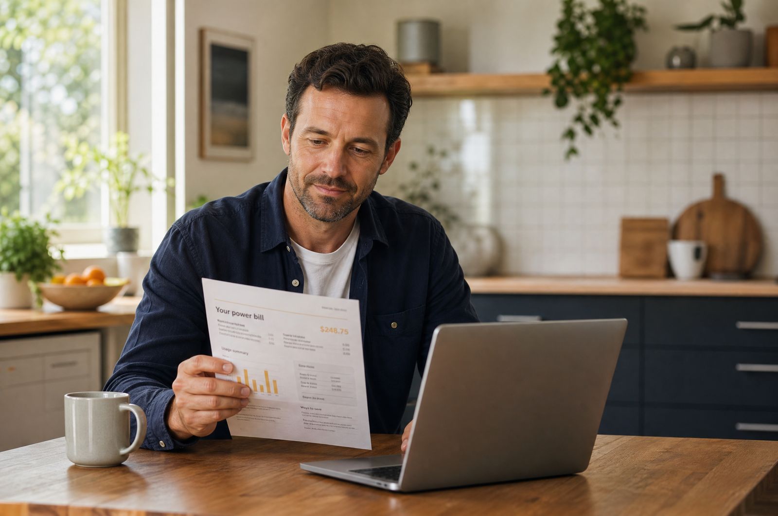 A New Zealand homeowner reviewing a power bill at the kitchen table