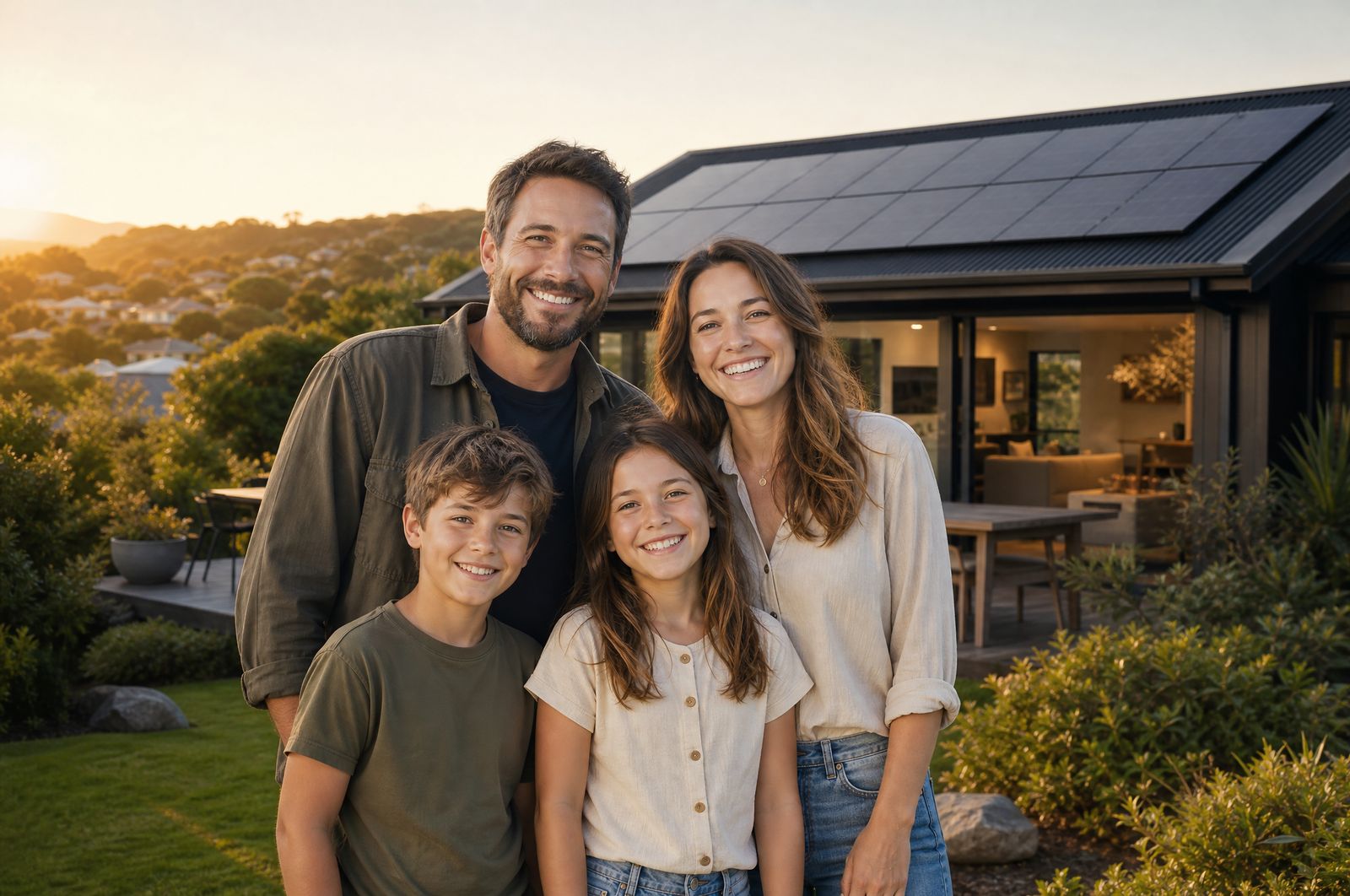 A family outside their home with rooftop solar panels