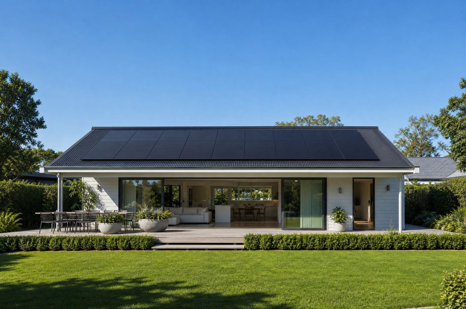 A New Zealand family home with rooftop solar under a blue sky