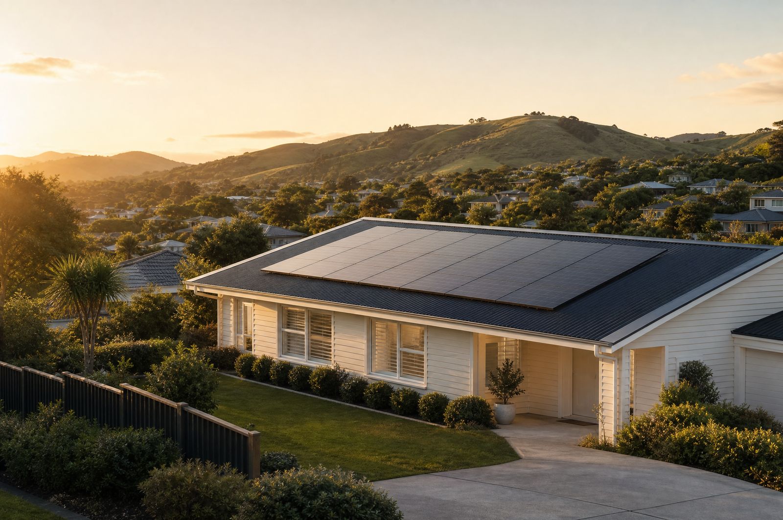 Rooftop solar panels on a modern New Zealand home at golden hour