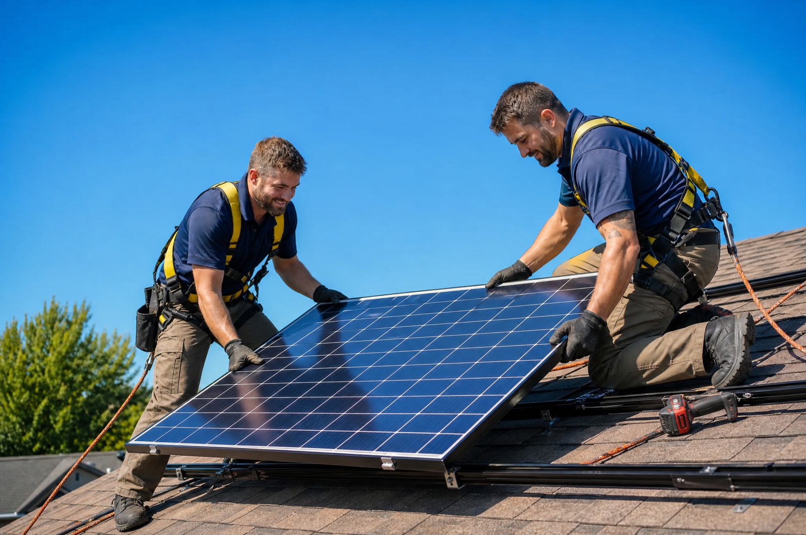 Two solar installers positioning a panel onto a residential roof