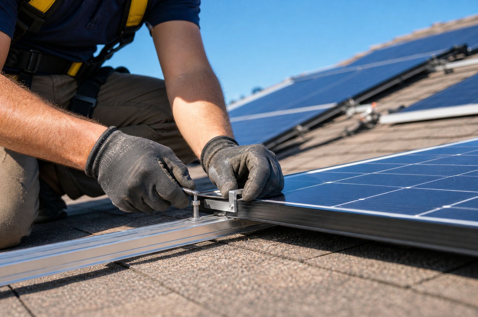 A solar installer fitting a panel onto a residential rooftop