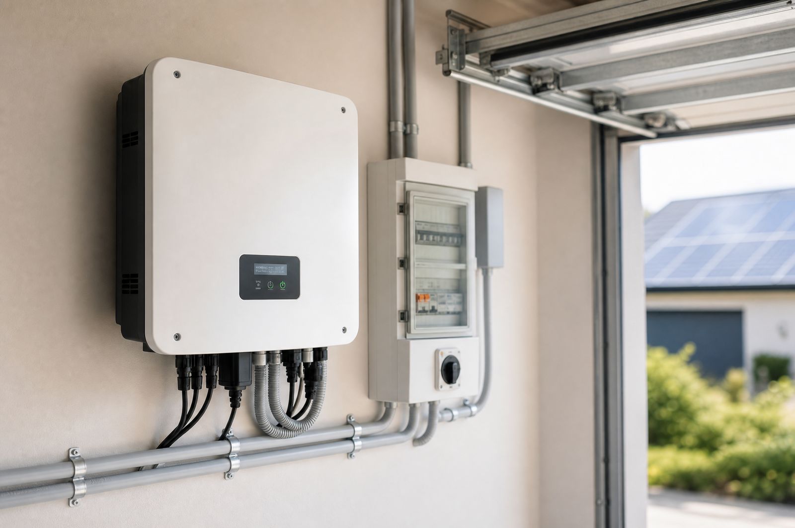 A modern solar inverter and switchboard installed on a garage wall