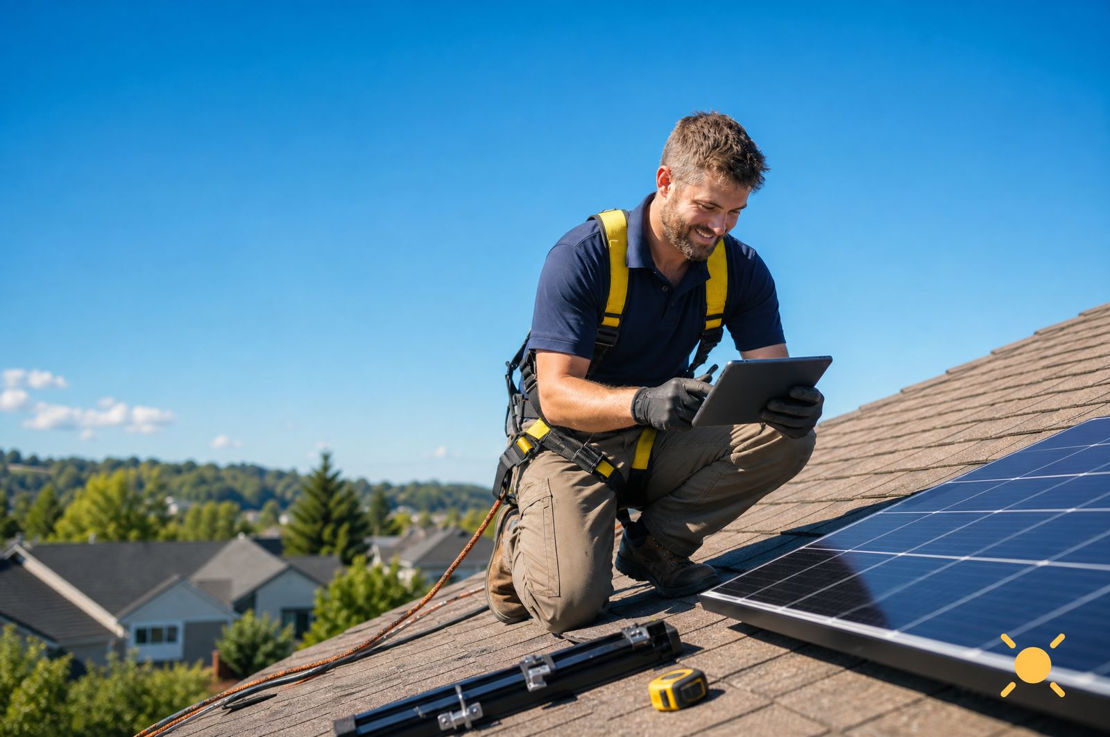 A solar installer surveying a residential roof with a tablet to prepare a quote