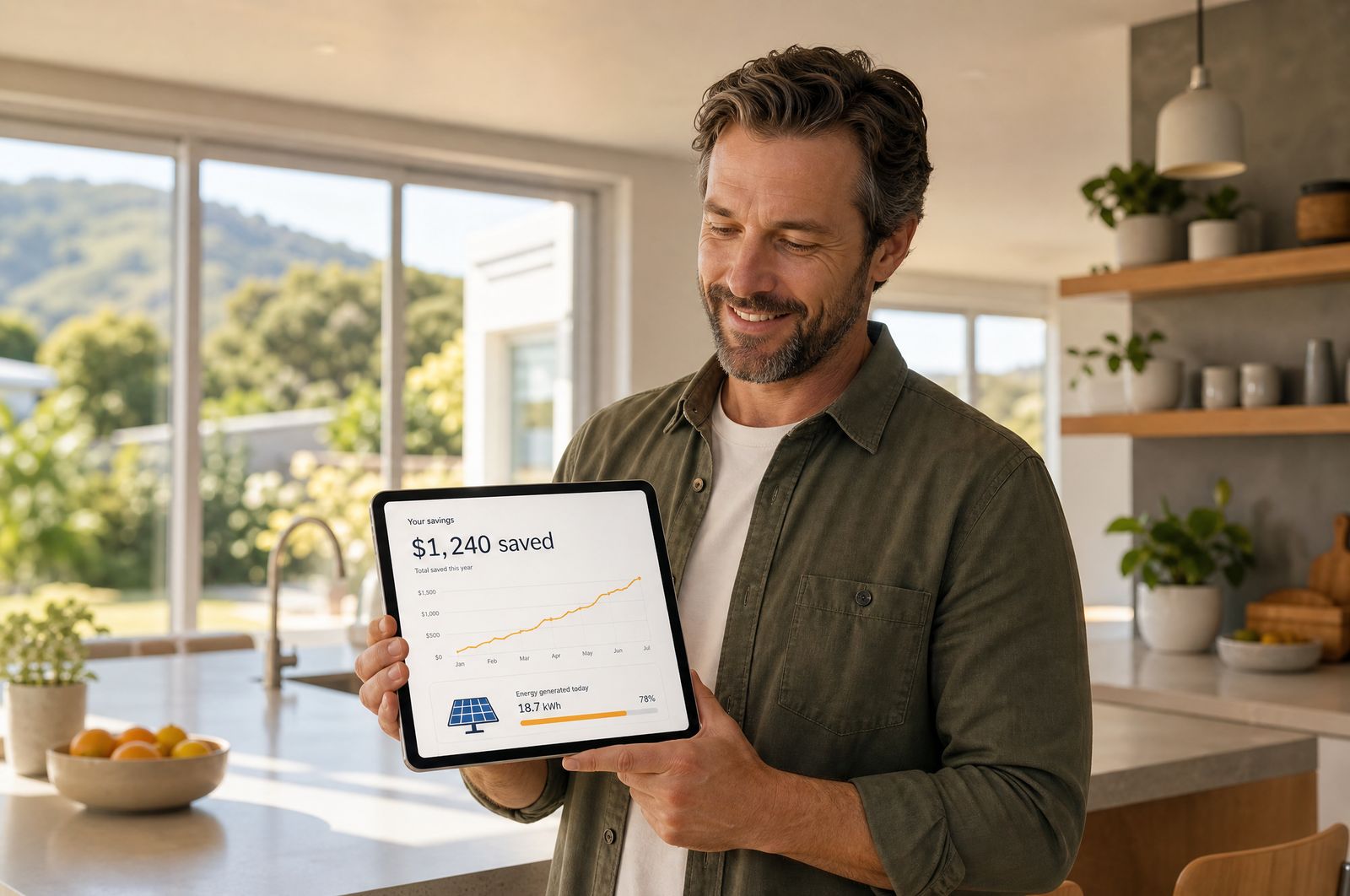 A New Zealand homeowner checking solar energy savings on a tablet in a sunlit kitchen